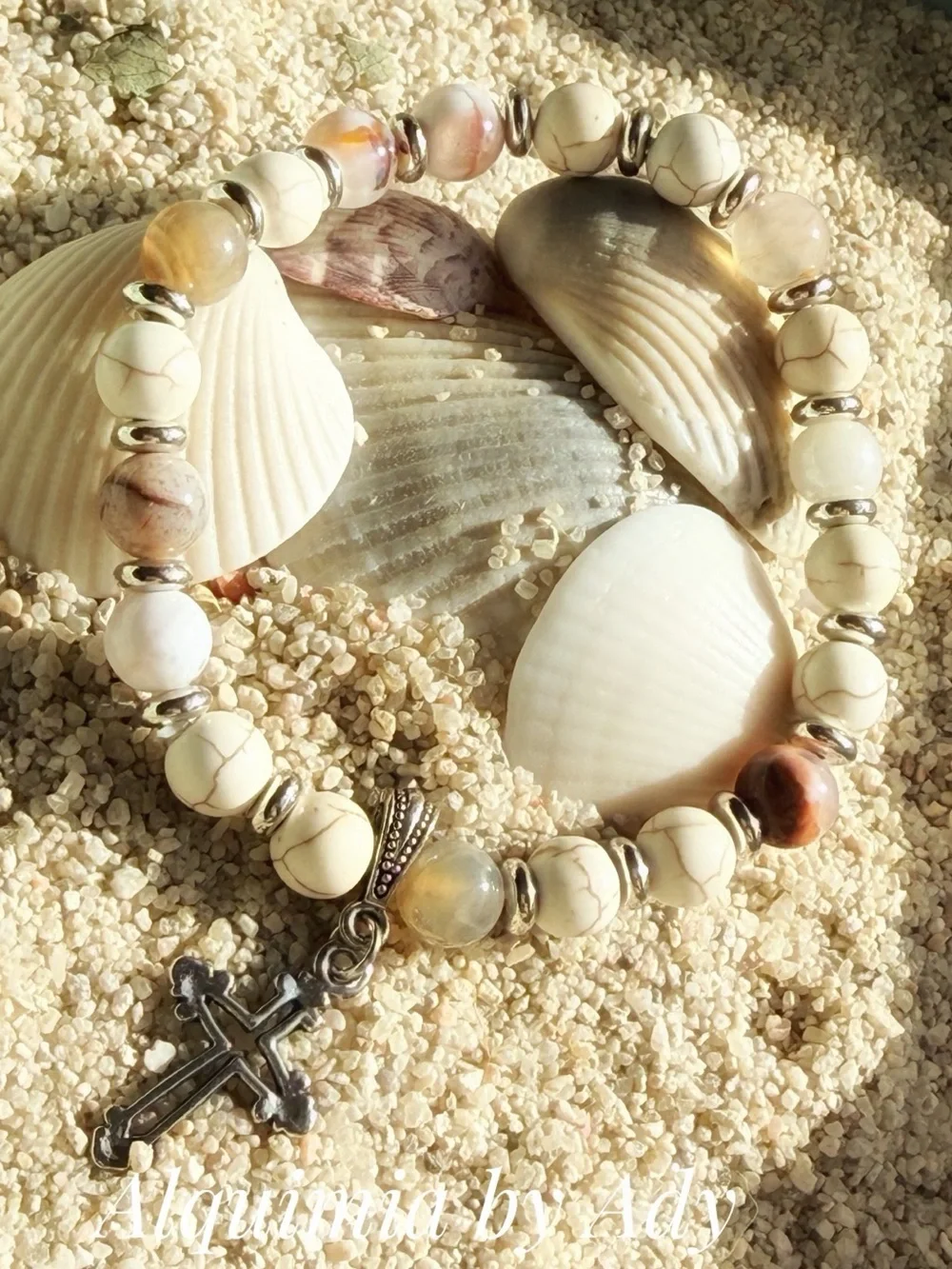 Summer keepsake | White Howlite & Smoky Agate Bracelet with Ornate Cross